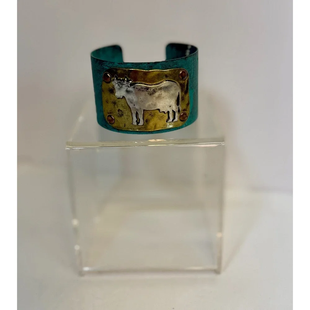 Icon Collection Verdigris Mixed Metal Cow Cuff Bracelet Teal Brass Silver Tone